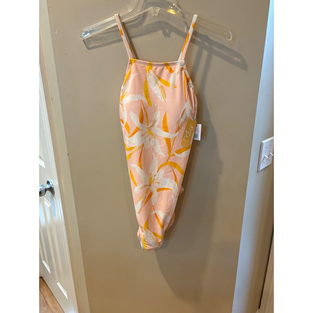 New Kona Sol Pink Tropical Floral High Neck One Piece Swimsuit Medium $40